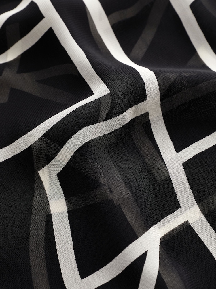 Black Geo Cuffed Long Sleeve Sheer V-Neck Zip Detail Blouse - Image 6 of 6