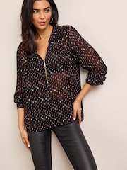 Black Print Cuffed Long Sleeve Sheer V-Neck Zip Detail Blouse - Image 1 of 7