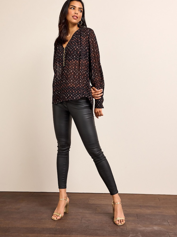 Black Print Cuffed Long Sleeve Sheer V-Neck Zip Detail Blouse - Image 2 of 7