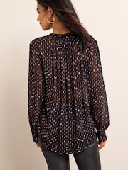 Black Print Cuffed Long Sleeve Sheer V-Neck Zip Detail Blouse - Image 4 of 7