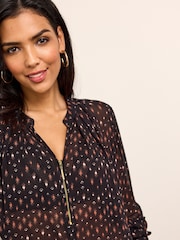 Black Print Cuffed Long Sleeve Sheer V-Neck Zip Detail Blouse - Image 5 of 7