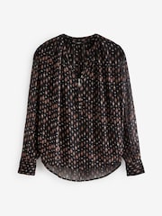 Black Print Cuffed Long Sleeve Sheer V-Neck Zip Detail Blouse - Image 6 of 7