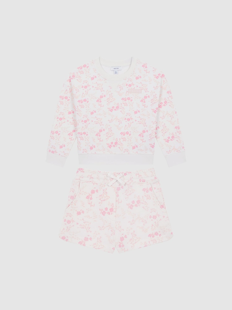 Reiss Pink Print Nina Floral Print Sweatshirt and Shorts Set - Image 2 of 9