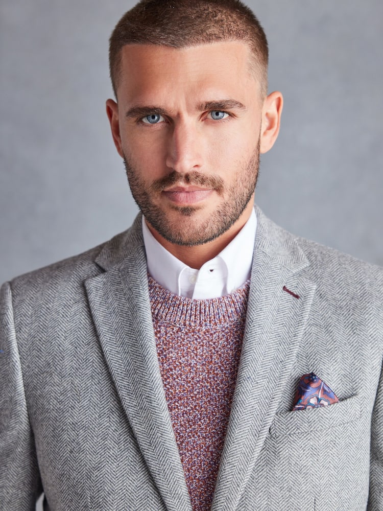 Light Grey Slim Fit Nova Fides Signature Herringbone Wool Blazer - Image 1 of 14