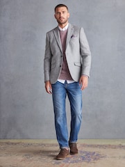Light Grey Slim Fit Nova Fides Signature Herringbone Wool Blazer - Image 2 of 14