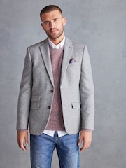 Light Grey Slim Fit Nova Fides Signature Herringbone Wool Blazer - Image 4 of 14