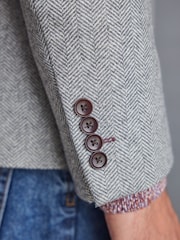 Light Grey Slim Fit Nova Fides Signature Herringbone Wool Blazer - Image 8 of 14