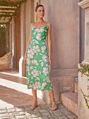 Grün mit floralem Print - Midi-Trägerkleid mit Wasserfallausschnitt hinten - Bild 2 von 7