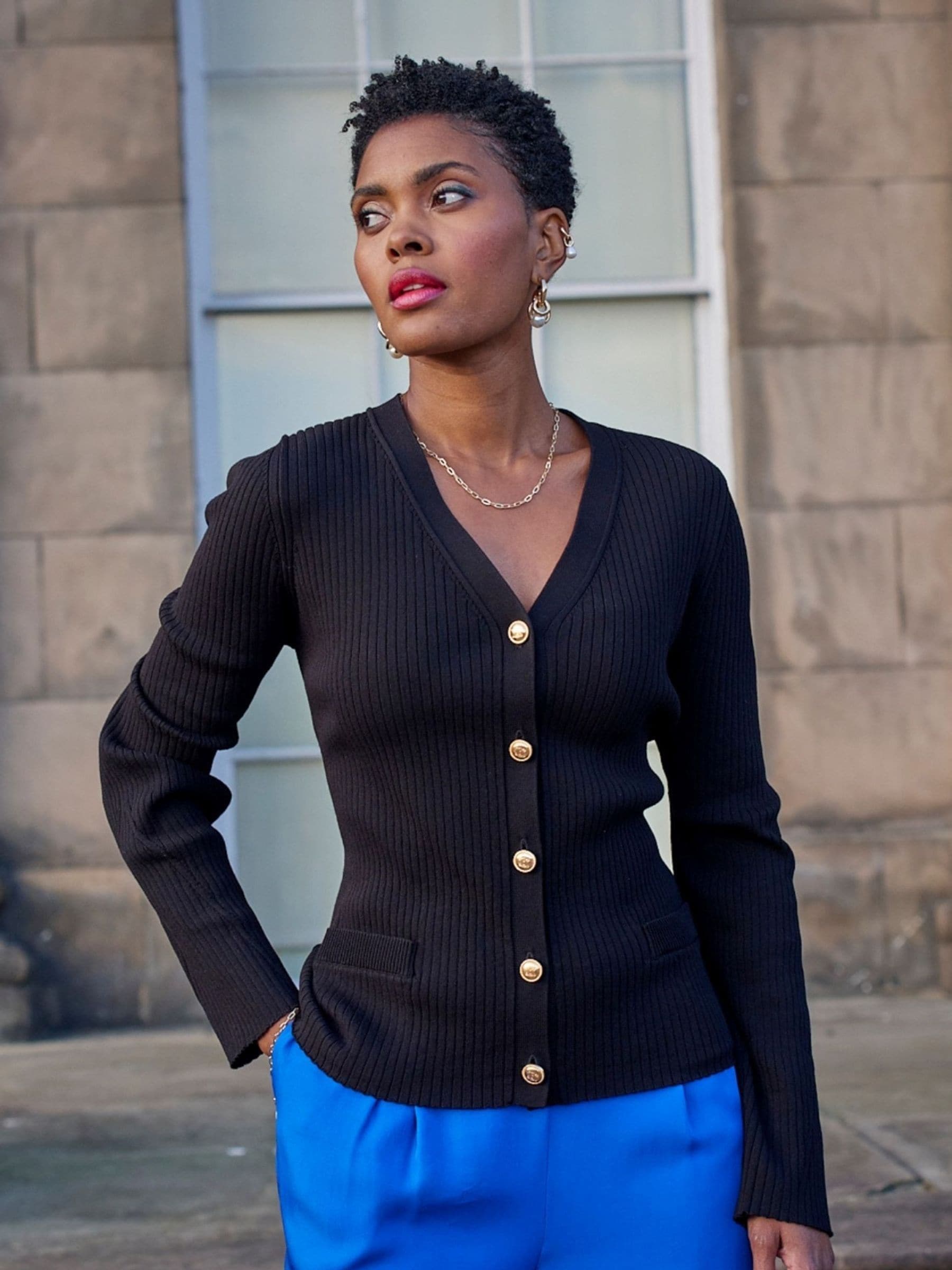 Buy Another Sunday Gold Button Through Rib Cardigan from