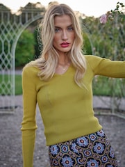 Another Sunday Olive Green V-Neck Rib Knitted Jumper - Image 1 of 3