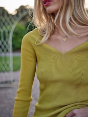 Another Sunday Olive Green V-Neck Rib Knitted Jumper - Image 2 of 3