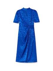 Another Sunday Blue Puff Sleeve Jacquard Knot Front Midi Dress - Image 4 of 6