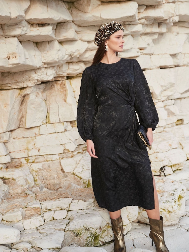 Another Sunday Jacquard Black Twist Midi Dress - Image 1 of 6