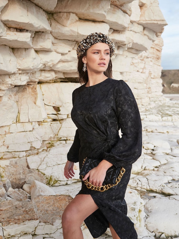 Another Sunday Jacquard Black Twist Midi Dress - Image 2 of 6