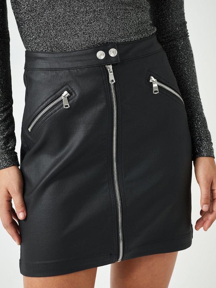 Black Coated Denim Zip Mini Skirt - Image 2 of 5