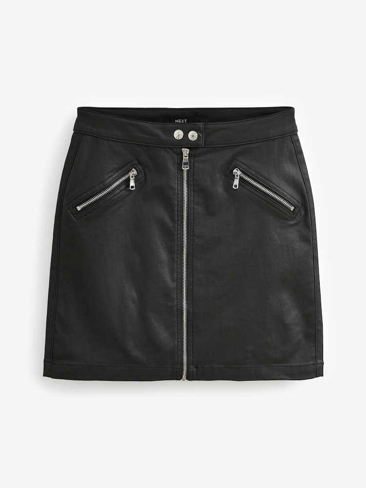Black Coated Denim Zip Mini Skirt - Image 3 of 5
