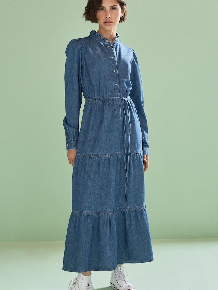Dark Blue Tiered Denim Midi Dress - Image 1 of 5