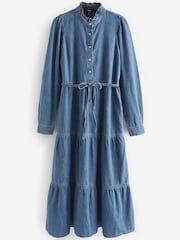 Dark Blue Tiered Denim Midi Dress - Image 4 of 5