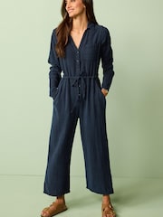 Navy Cotton Crinkle Cheescloth Crop Leg Jumpsuit - Image 1 of 6