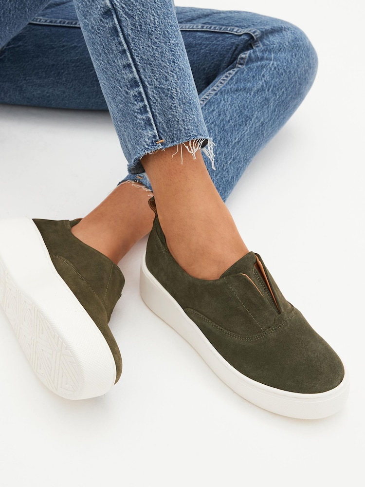 Khaki Green Slip On Signature Forever Comfort® Leather Chunky Wedges Platform Trainers - Image 1 of 7