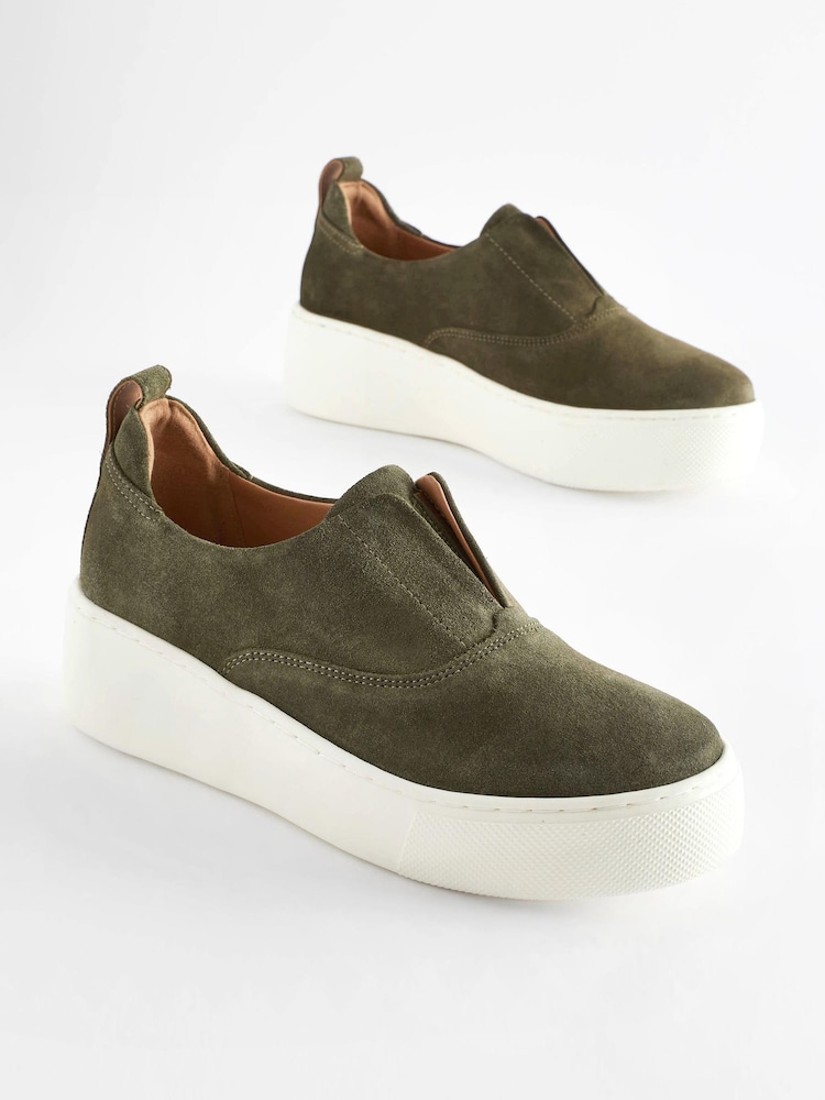 Khaki Green Slip On Signature Forever Comfort® Leather Chunky Wedges Platform Trainers - Image 2 of 7
