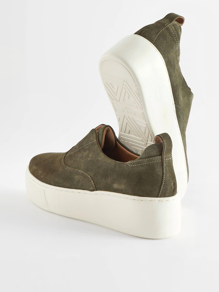 Khaki Green Slip On Signature Forever Comfort® Leather Chunky Wedges Platform Trainers - Image 4 of 7