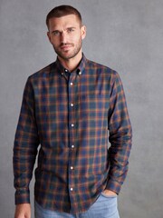 Navy Blue/Rust Brown Signature Brushed Flannel Check Shirt - Image 1 of 9