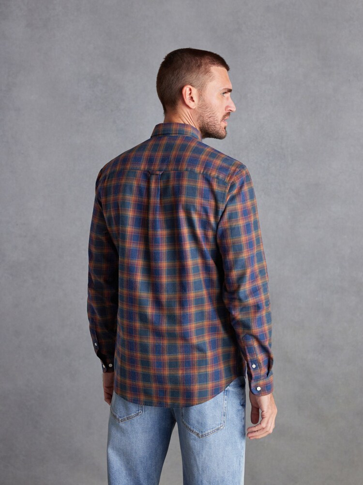 Navy Blue/Rust Brown Signature Brushed Flannel Check Shirt - Image 3 of 9