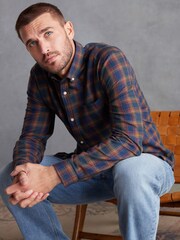 Navy Blue/Rust Brown Signature Brushed Flannel Check Shirt - Image 4 of 9