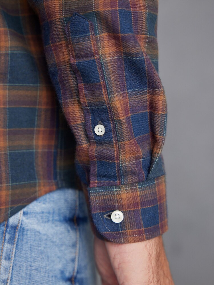 Navy Blue/Rust Brown Signature Brushed Flannel Check Shirt - Image 6 of 9