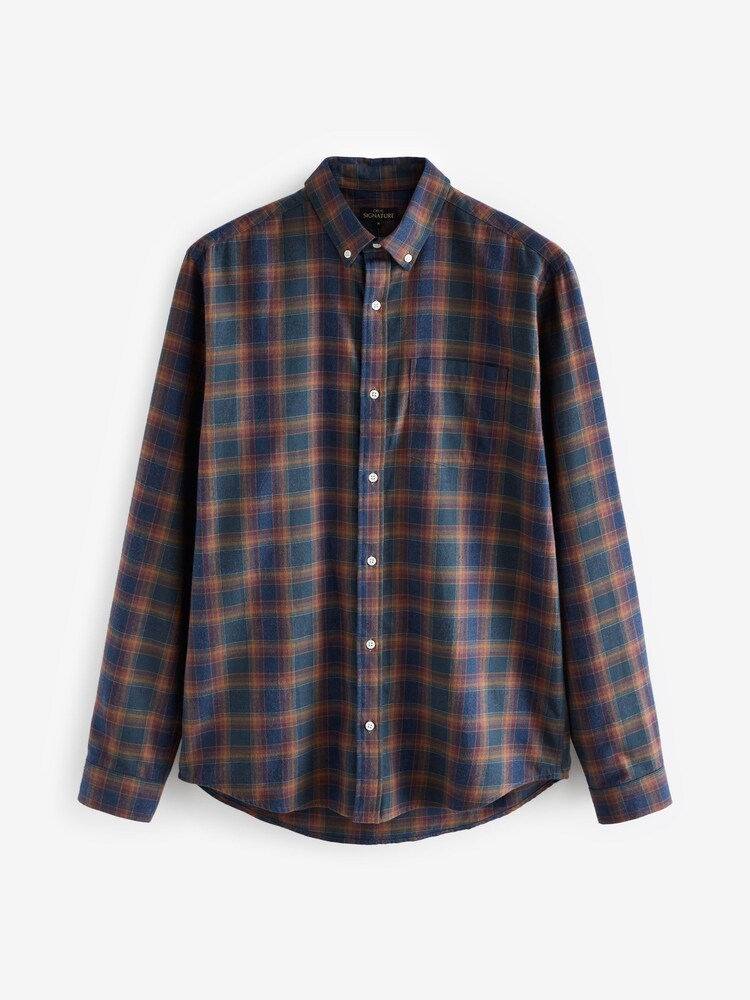 Navy Blue/Rust Brown Signature Brushed Flannel Check Shirt - Image 7 of 9