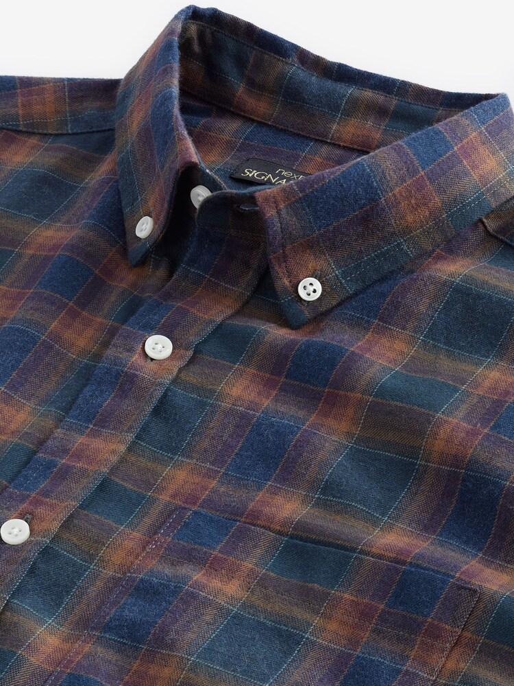 Navy Blue/Rust Brown Signature Brushed Flannel Check Shirt - Image 8 of 9