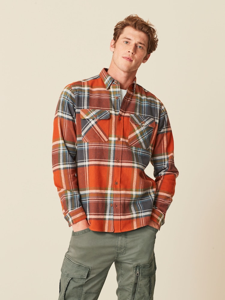 Orange/Navy Blue Twin Pocket Check Long Sleeve Shirt - Image 1 of 8
