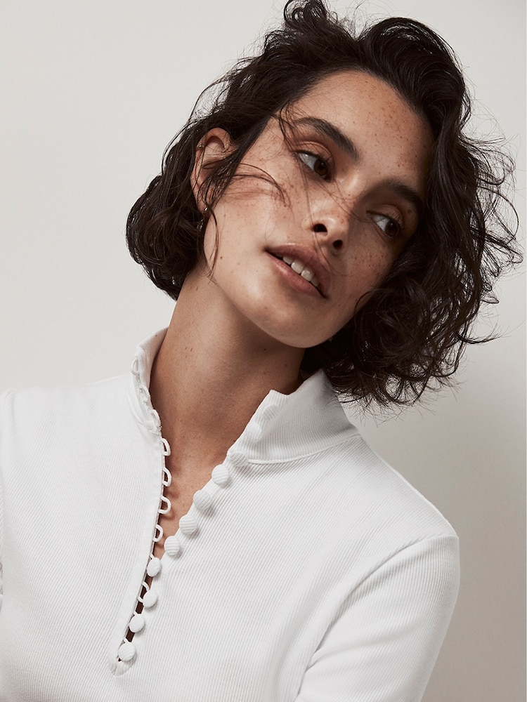 Mint Velvet White Rouleau Button Cotton Rich Top - Image 2 of 5 Mint Velvet White Rouleau Button Cotton Rich Top - Image 2 of 5