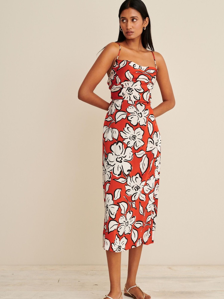 Rot mit floralem Muster - Midi-Trägerkleid mit Wasserfallausschnitt hinten - Bild 1 von 6