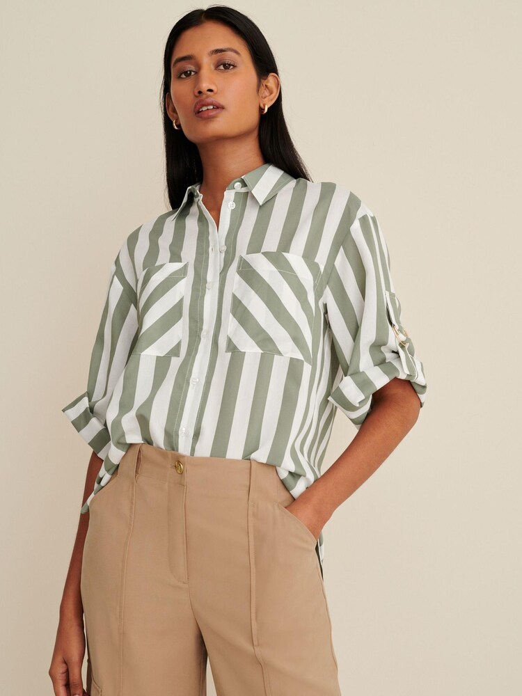 Khaki Green Long Sleeve Hardware Detail Shirt - Image 1 of 6 Khaki Green Long Sleeve Hardware Detail Shirt - Image 1 of 6