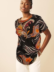 Black Feather Printed Short Sleeve Curved Hem T-Shirt - Image 1 of 6