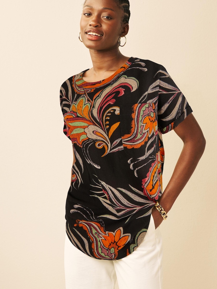 Black Feather Printed Short Sleeve Curved Hem T-Shirt - Image 1 of 6