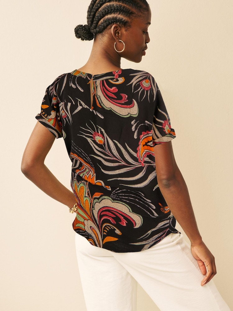 Black Feather Printed Short Sleeve Curved Hem T-Shirt - Image 2 of 6