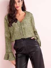 Green Snake Print V-Neck Long Sleeve Blouse - Image 1 of 5