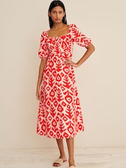 Orange Print Puff Sleeve Square Neck Midi Dress - Image 1 of 5