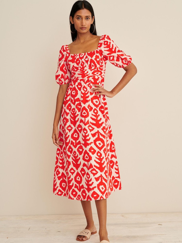 Orange Print Puff Sleeve Square Neck Midi Dress - Image 1 of 5