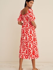 Orange Print Puff Sleeve Square Neck Midi Dress - Image 2 of 5