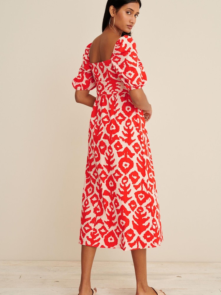 Orange Print Puff Sleeve Square Neck Midi Dress - Image 2 of 5