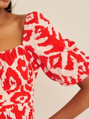 Orange Print Puff Sleeve Square Neck Midi Dress - Image 3 of 5
