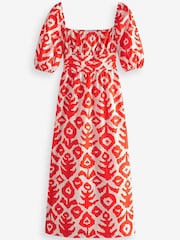 Orange Print Puff Sleeve Square Neck Midi Dress - Image 4 of 5