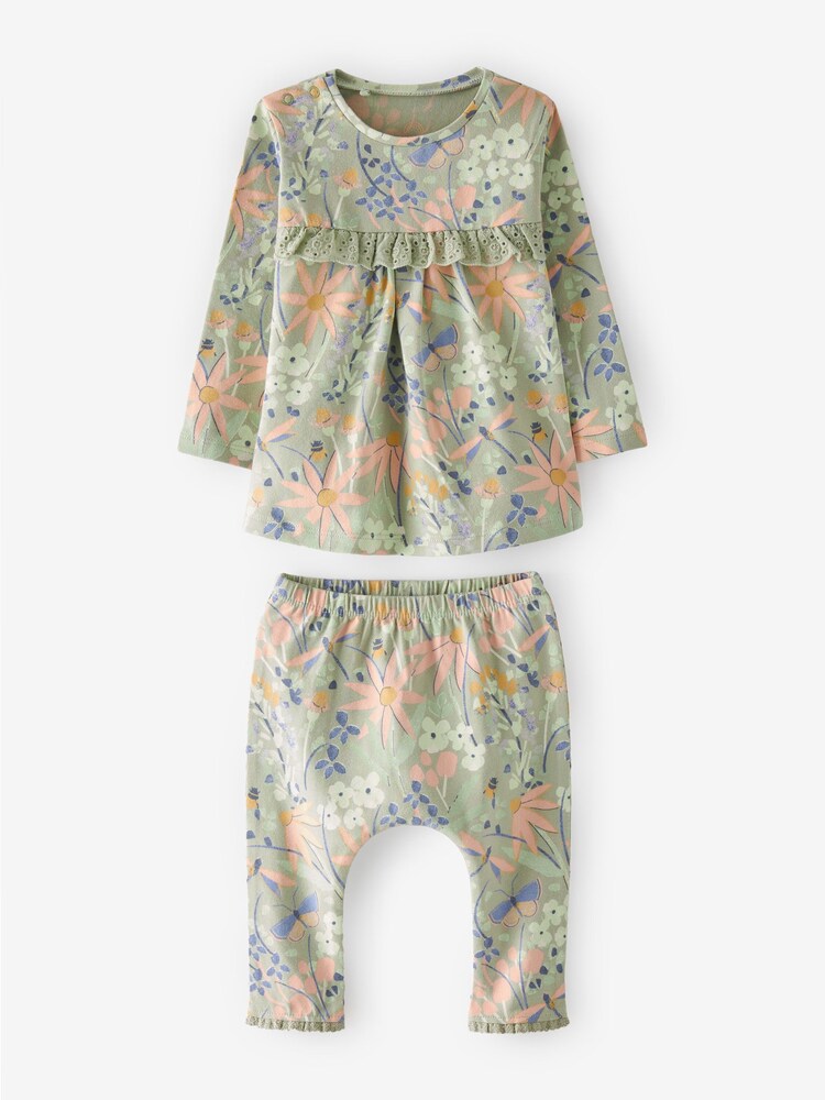 Green/ White Floral 6 Piece Baby T-Shirts and Leggings Set - Image 4 of 5