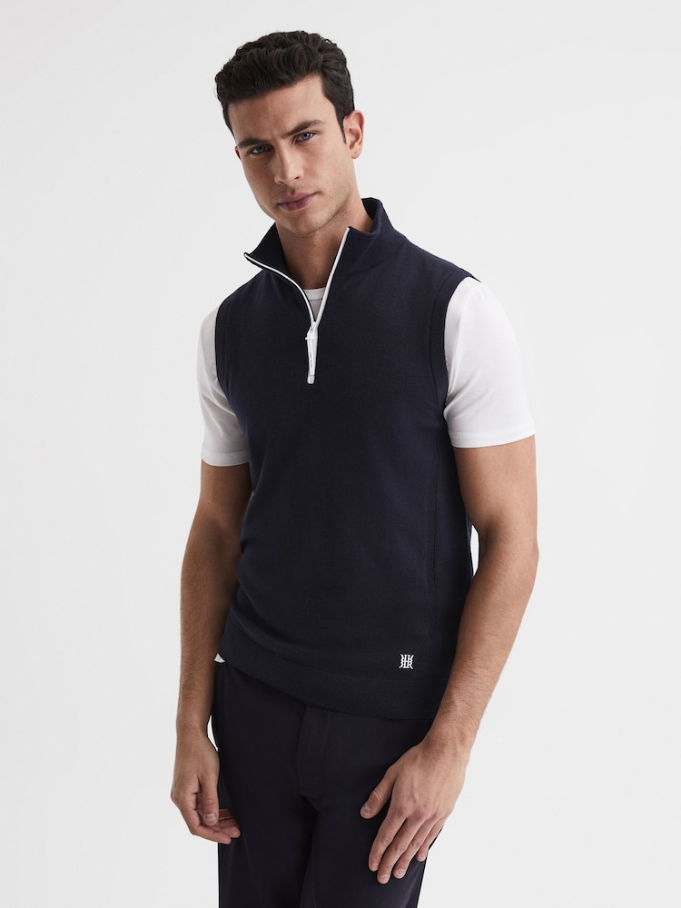 Reiss Navy Wedge Golf Merino Sleeveless Half-Zip Jumper - Image 1 of 5