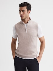 Reiss Stone Melange Wedge Golf Merino Sleeveless Half-Zip Jumper - Image 1 of 5