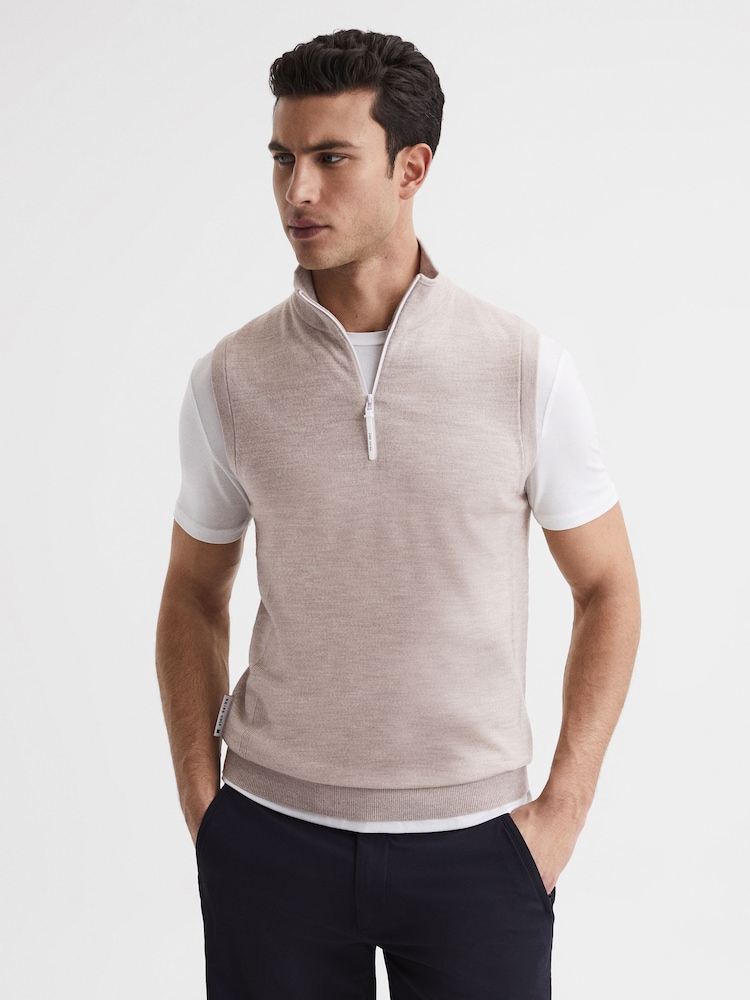 Reiss Stone Melange Wedge Golf Merino Sleeveless Half-Zip Jumper - Image 1 of 5